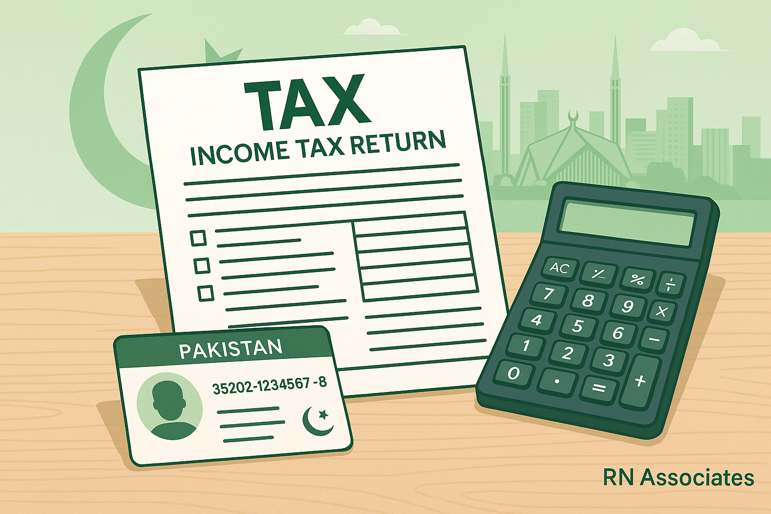 Income tax return filing in Pakistan - illustration showing tax form, calculator, CNIC card, and Islamabad skyline with green color palette and RN Associates branding.